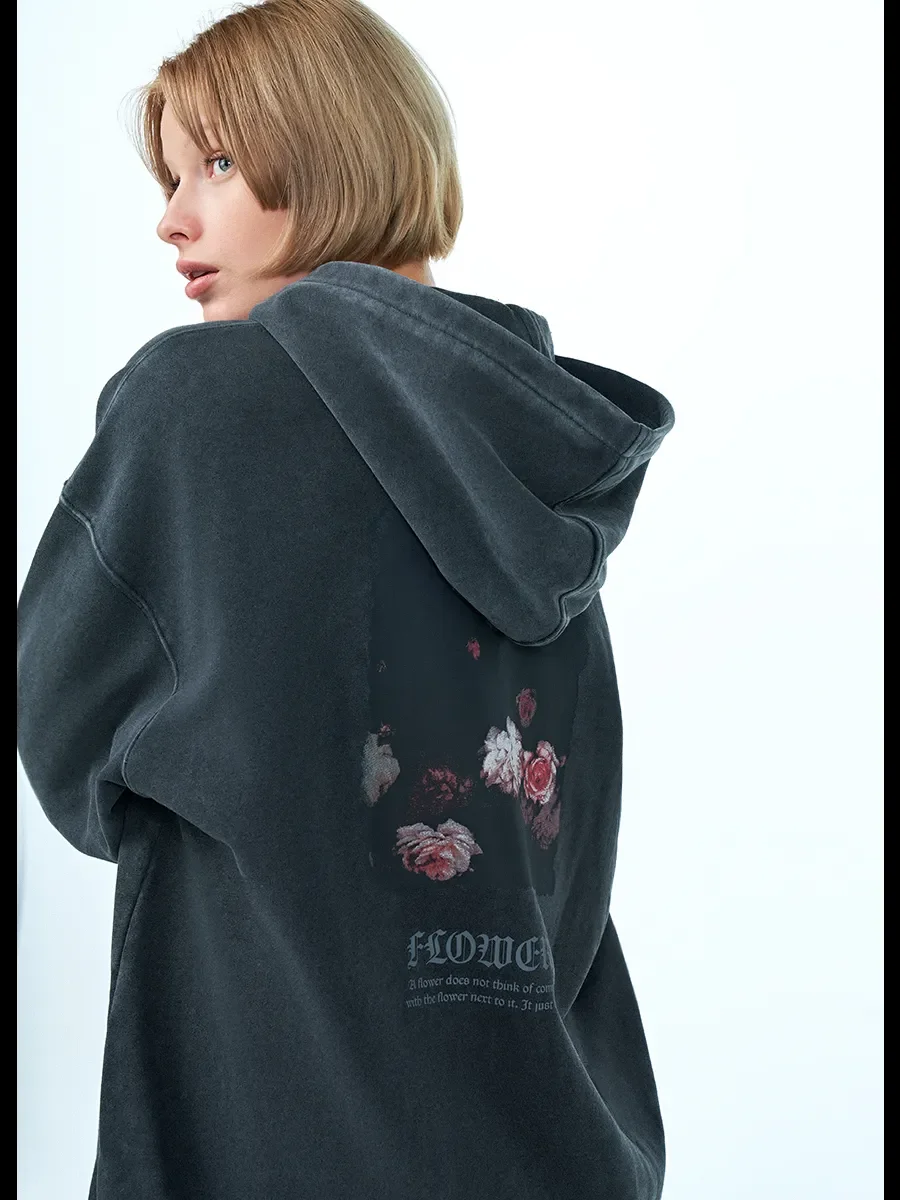 Bluzy z kapturem w stylu dark punk z grafiką, postarzane, sprane, czarne, oversize, estetyczne bluzy z nadrukiem kwiatów i liter, Harajuku