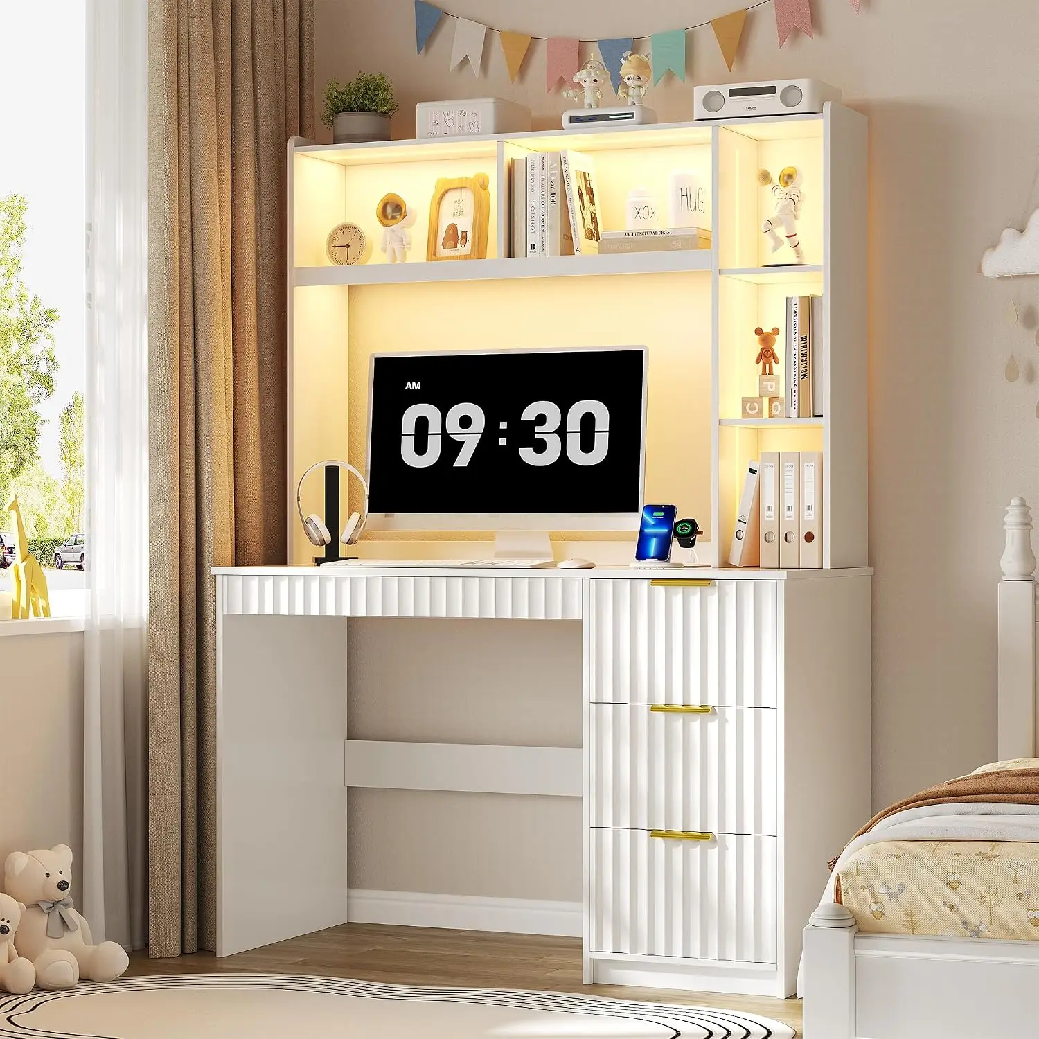 Home Office Desk with Hutch & LED Light for Study Room, White, Customized