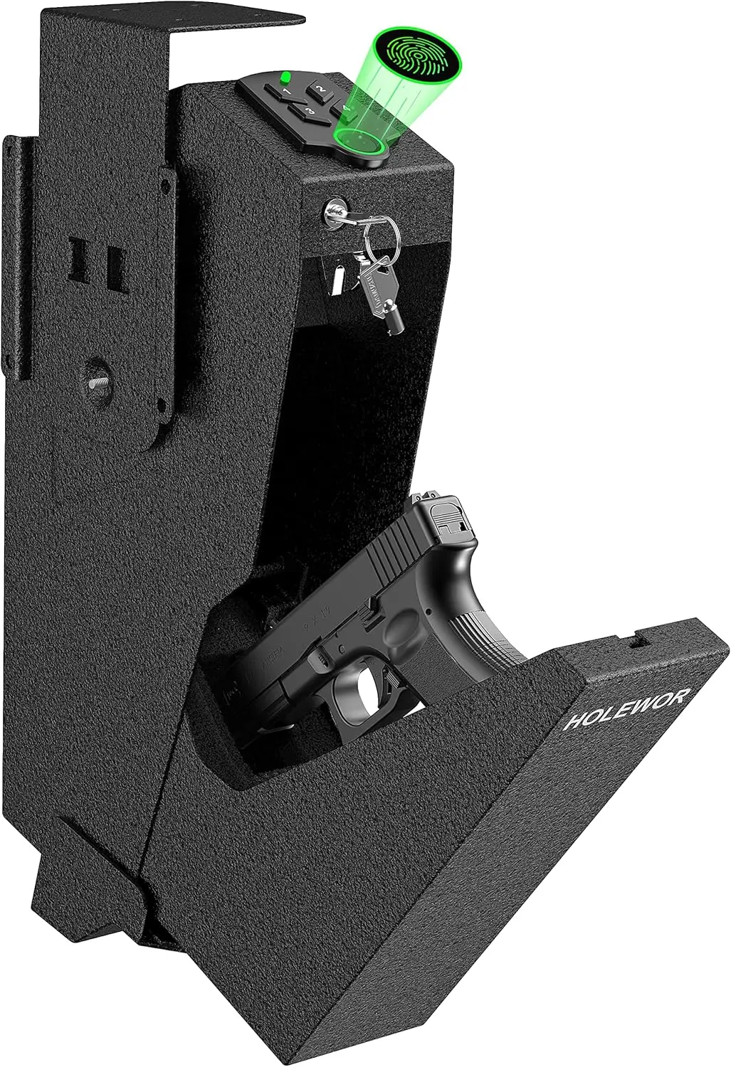 

Gun Safe, Biometric Gun Safe for Handgun Drop Down Pistol Safe Mounted Single Handgun Safe with Fingerprint, Passcode, Key Acces