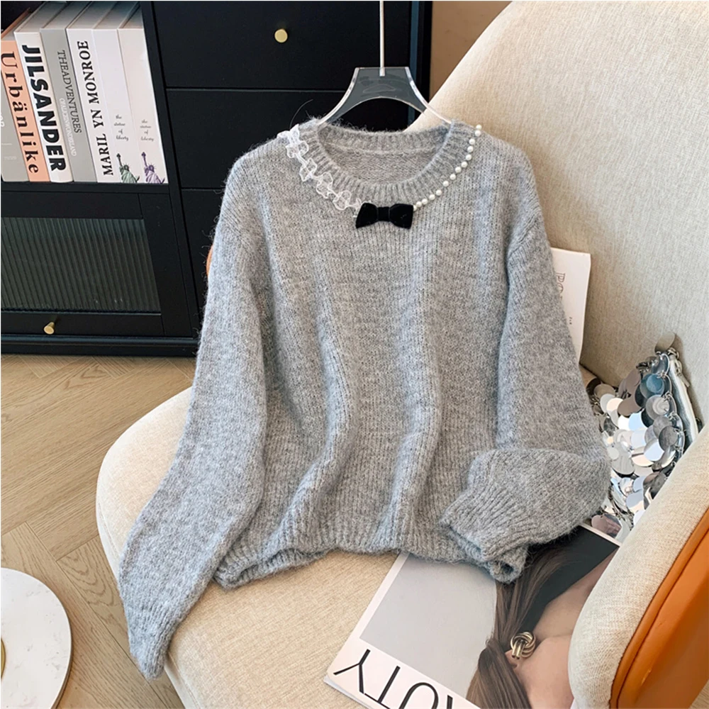 

Женский вязаный пуловер с серым бантом и круглым вырезом, свитер в стиле Харадзюку, винтажный свободный роскошный кашемировый свитер Y2k, одежда 2000-х годов, 2025 г.