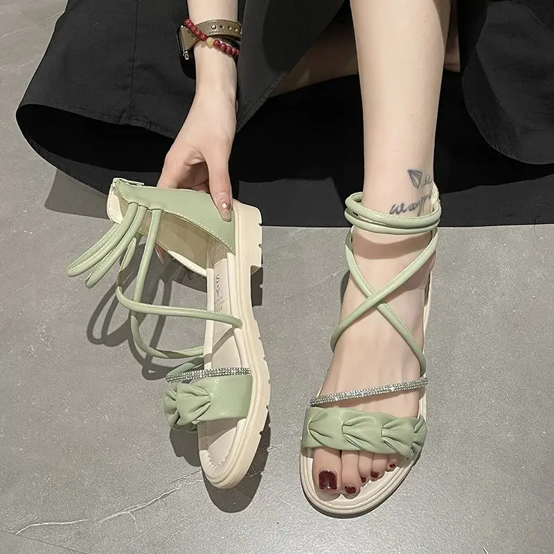 Footwear Zip Sandals for Woman Rhinestones Women\'s Shoes with Low Heels Summer 2024 Roman Style Diamond Green F H Daily Vintage