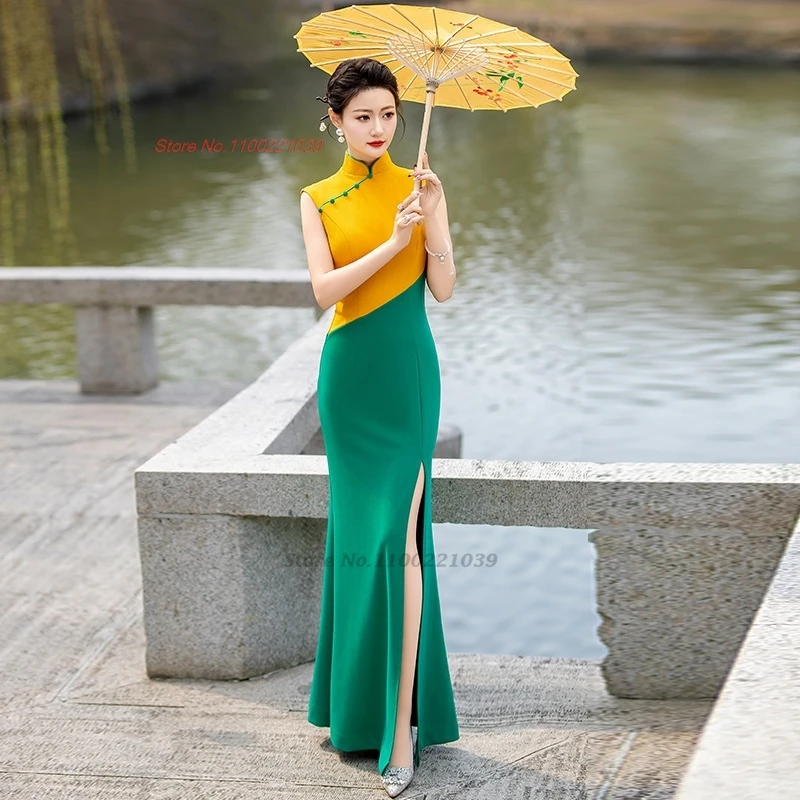 2026 chinese traditional qipao stage performance dress vintage sleeveless patchwork cheongsam oriental banquet evening dress