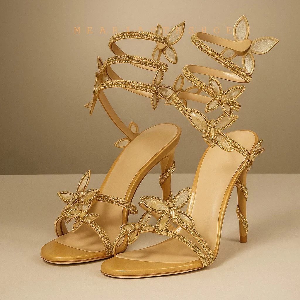 

Elegant Design gold Crystal Butterfly-knot Ankle Strap Woman Sandals Sexy Open Toe Thin High Heels Stripper Party Pumps Shoes