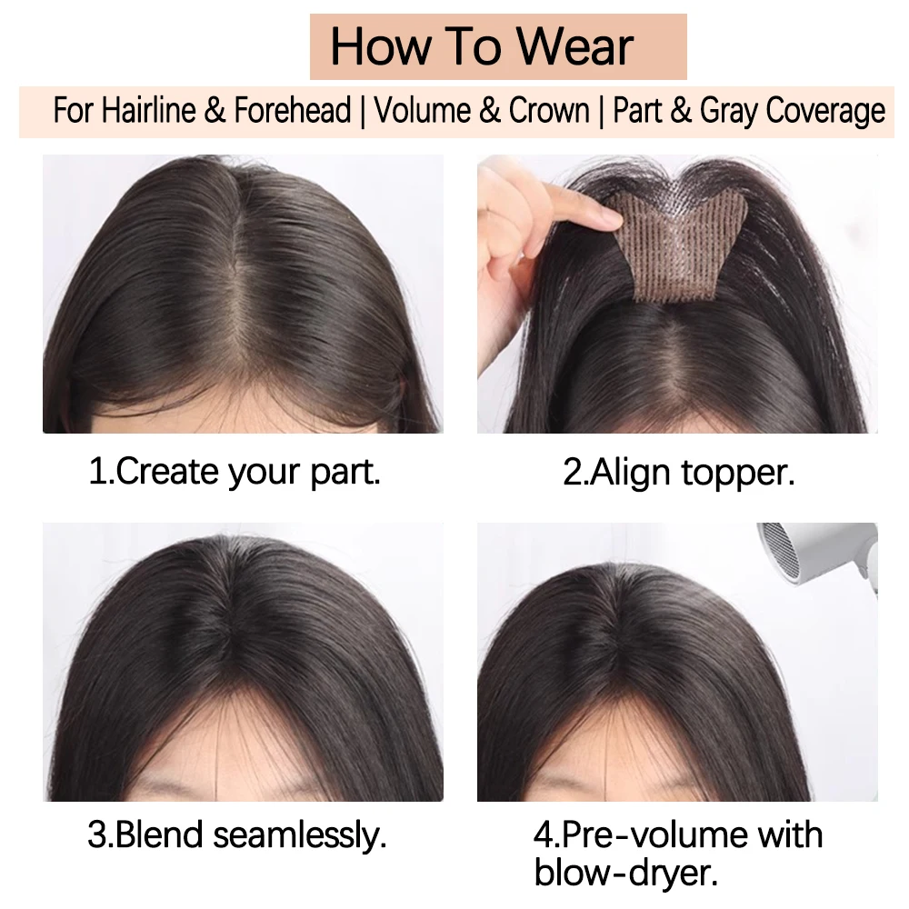 Wear&Go Topper Rambut Asli Tanpa Jepit Dengan Poni Ringan Magic Paste Topper Ringan Untuk Menutupi Bagian Rambut Tipis Menutupi Rambut Beruban 10 inci 25cm