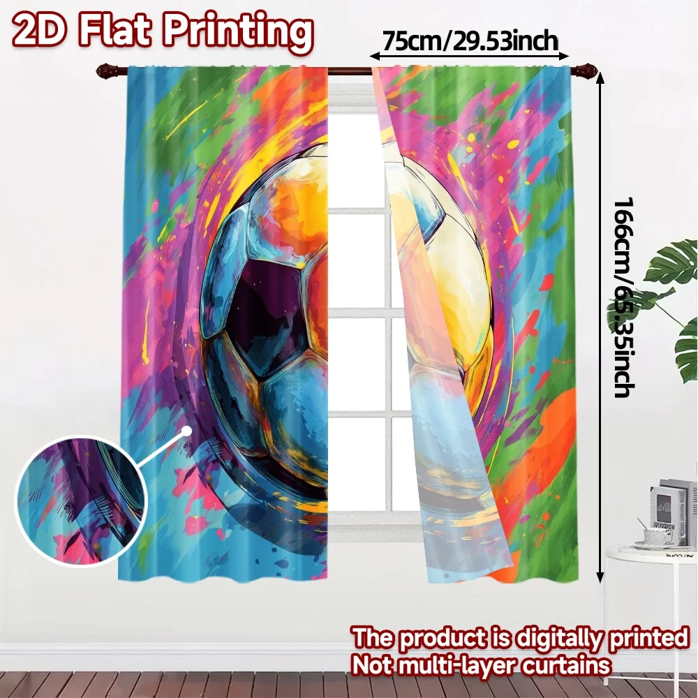 2pcs, 2D FLAT PRINTING Curtains (Without Rod) Soccer Splash Print Popular Curtains Fabric Curtains Thermal Insulation, and Room