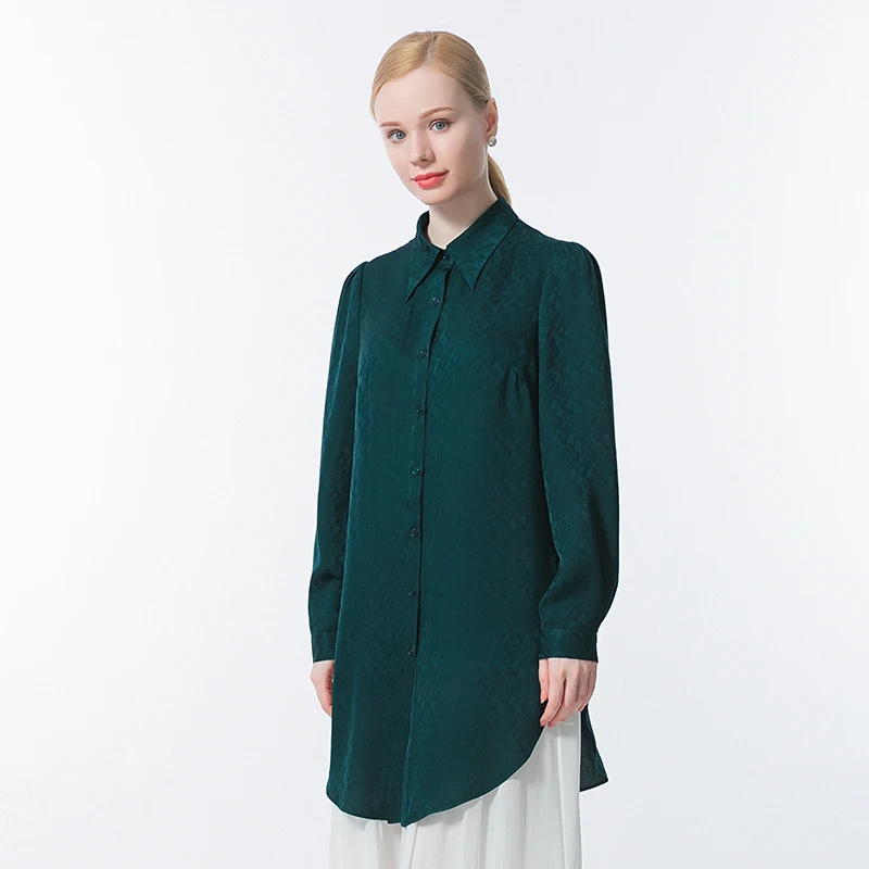 Silk Jacquard Peacock Green Tops POLO Collar Long Sleeve Straight Tube Medium Long Asymmetric Fold Loose Shirt Woman BE695