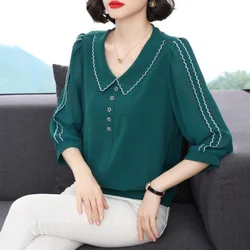 Autumn New Women's Solid Color V-Neck Shirts Simplicity Commute Patchwork Striped 3/4 Sleeves Loose Fashion Button Blouses