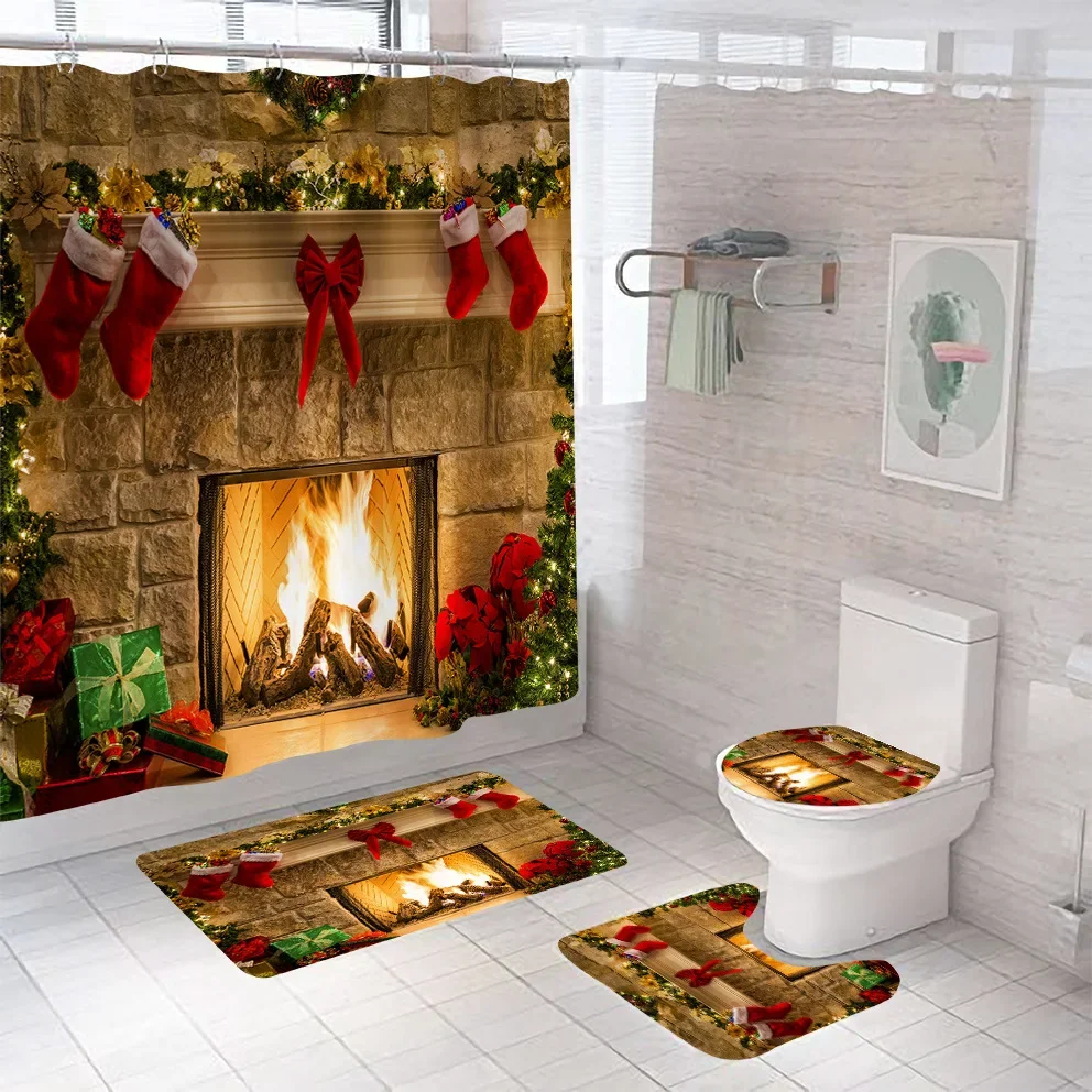 Merry Christmas Shower Curtain Set Santa Snowman Gnome Red Truck Xmas Tree Print Bath Curtain 3/4pcs Bathroom Holiday Decor