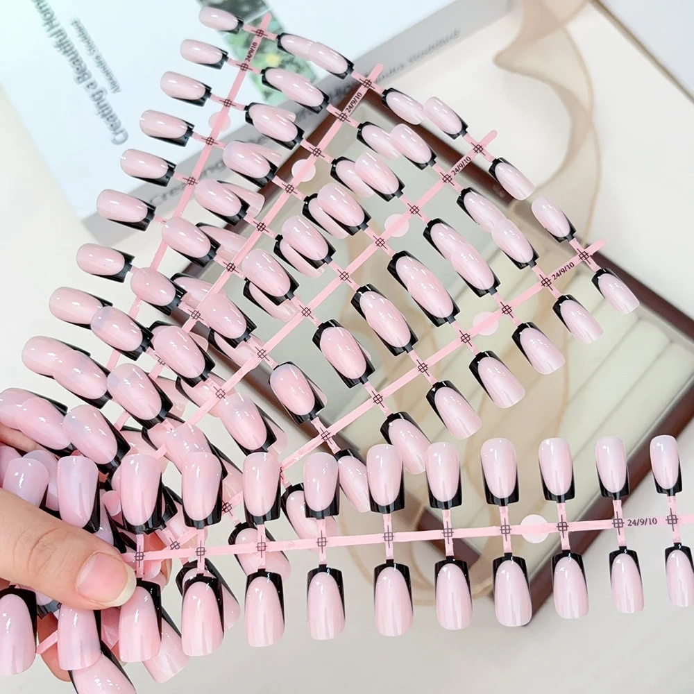 120 Uds. Uñas postizas de punta francesa con borde negro brillante, 12 tamaños, longitud media, prensa cuadrada en uñas, acabado de cobertura completa brillante, punta de uñas falsa