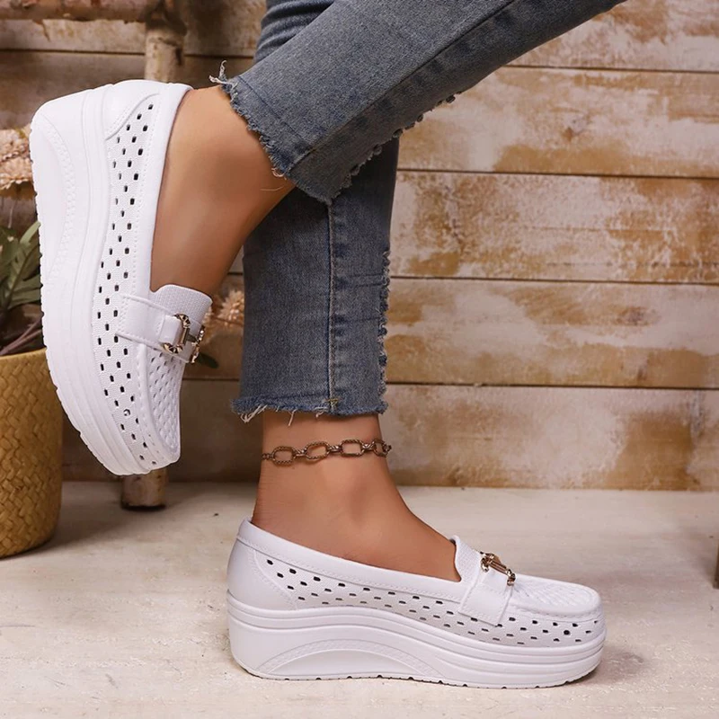 Soft Thick Bottom Height Increase White Loafers Women 2026 Summer Hollow Out Wedge Heel Pumps Women's Comfortable Nursing Shoes view 2