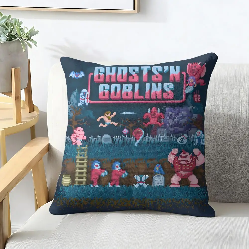 G-Ghosts N G-Goblins Game Cushion Cover Natural Linen Organic Fabric Double-Sided Printing Breathable For Decor