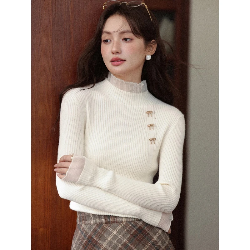 

ALXNAN женский свитер с воротником в стиле пэчворк, вязаный пуловер с 3D бантом, тонкий универсальный трикотаж с внутренней подкладкой и обычными плечами L58608