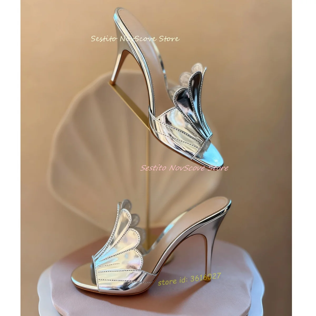 

Open Toe Ruffed Mules Silver Metallic Leather Flower-Like Sewing High Heels Slip On Fashion Slippers Sexy Women Summer Sandal