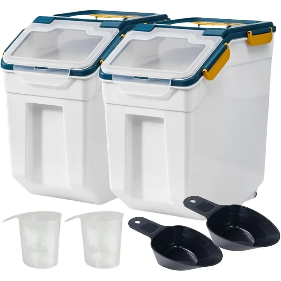 

Контейнер для хранения муки, 25 фунтов, 2 шт., без BPA, диспенсер для риса и продуктов с крышкой, мерная чашка и ложка, органайзер для кухонной кладовой