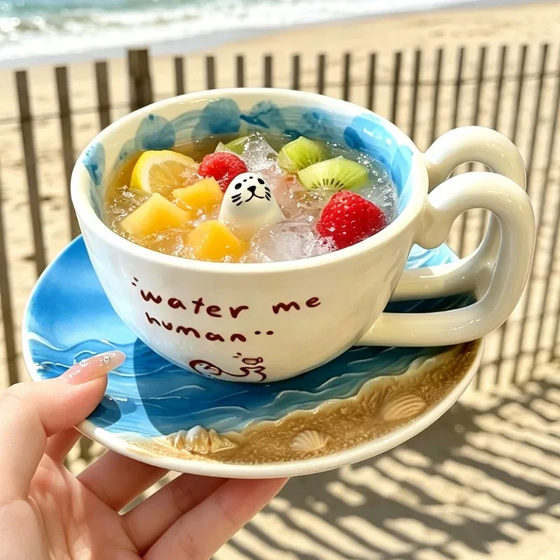 Creative Ceramic Mug with Dolphin or Penguin Pattern, Cute Cartoon Trapezoid Handle Cup for Coffee Tea Office Decor,Unique Gift