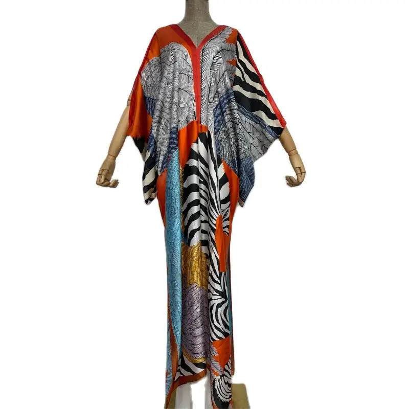 WINYI 2022 Quick-drying Bohemian Printed Loose Summer Beach Dress Moroccan Kaftan Women silk feeling free Size Beachwear Dress