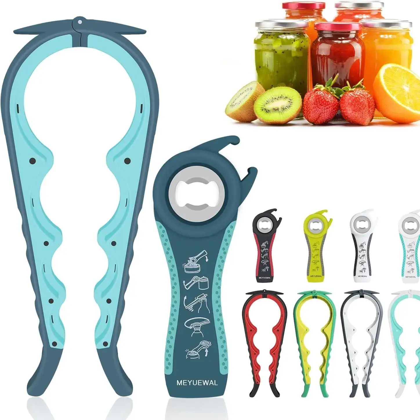 Jar Opener, 4 in 1 Multi Function Can Opener Bottle Opener Kit with Silicone Handle Easy to Use for Children, Elderly and Arthri