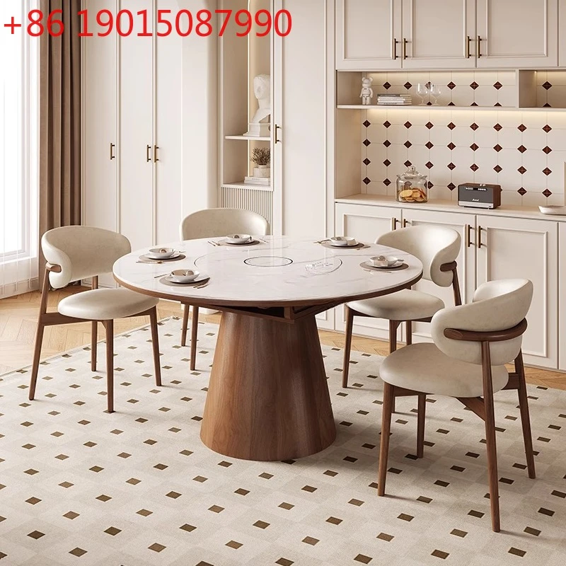 Vintage Style Multifunctional Extendable Round and Square Stone Dining Table with Induction Cooker and Warm Dish Tray