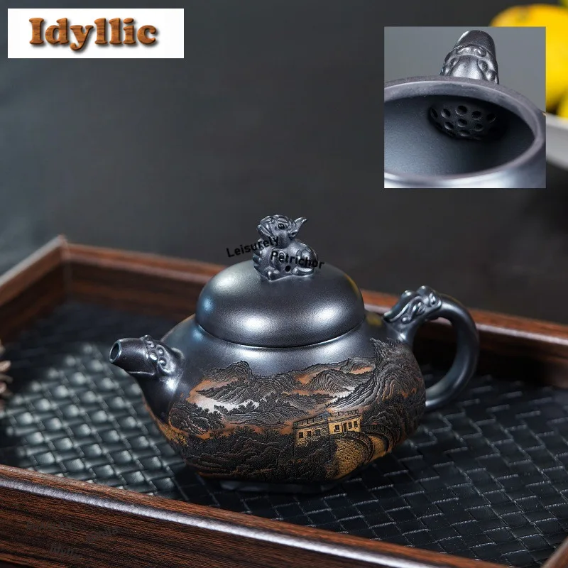 

240ML Aesthetic Yixing Purple Clay Teapots Handmade Two-dragon Pan Pot Raw Ore Stone Yellow Mud Kettle Zisha Tea Set Tea Items