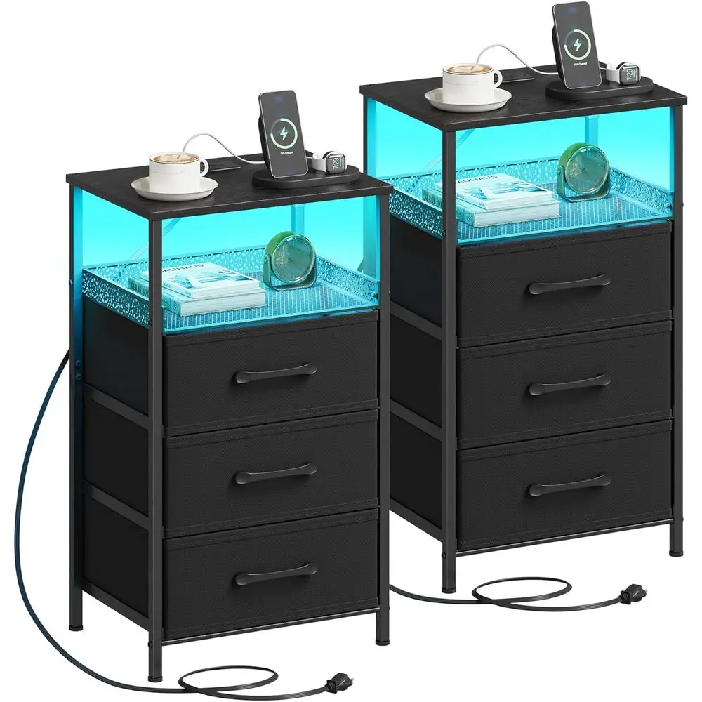 

Black 2-Piece Nightstand Set with Charging Station, LED-Lit Nightstands, Outlet & USB End Table, Open Shelf Side Table for Bedro