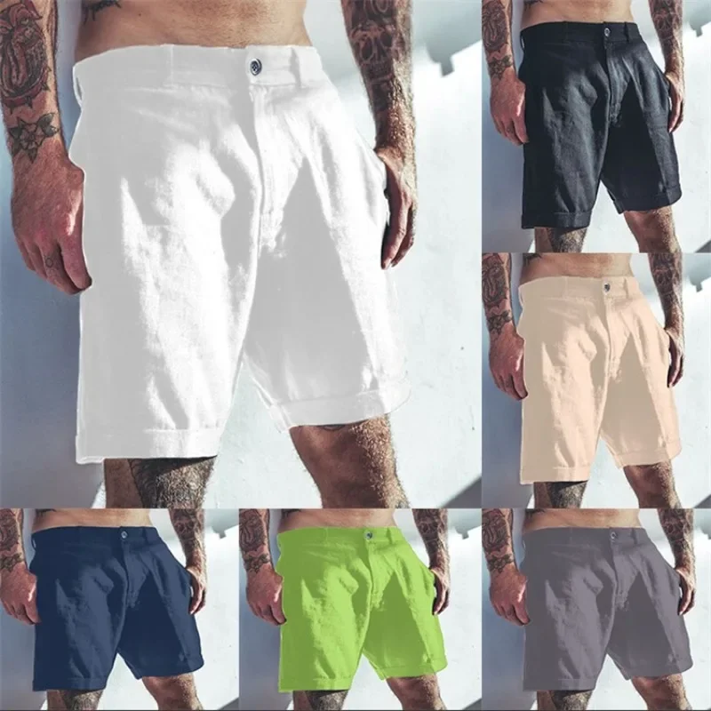 Mens Short Pants Cotton and Linen Summer Beach Shorts Pocket Solid Color Comfortable Breathable Shorts for Men