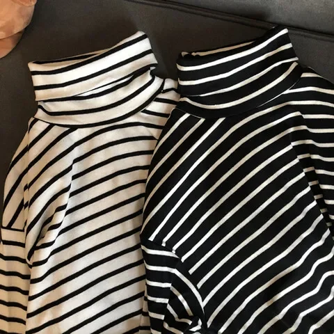 الخريف الشتاء عالية الياقة طويلة الأكمام تي شيرت مخطط للجنسين طالب زوجين عادية تنوعا بلوزة بسيطة للرجال والنساء #2