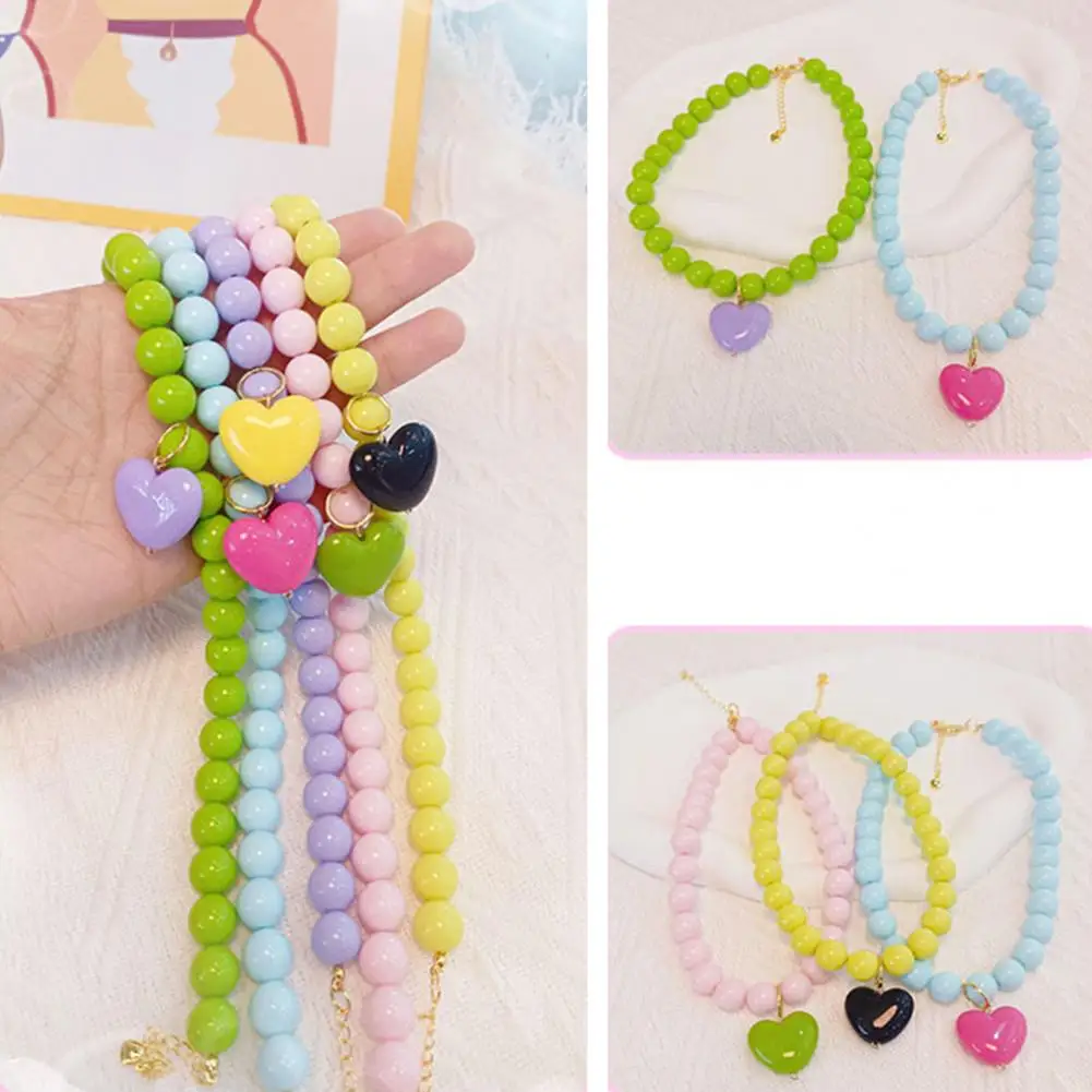 Dog Necklace Round Beads Colorful Beaded Pet Necklace Adjustable Length Heart Pendant Stylish Cat Dog Collar Cute for Beloved