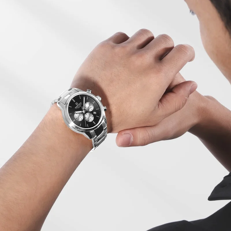 NAVIFORCE Business Men Chronograph Watch Stainless Steel 3ATM Waterproof Quartz Luminous Hands Date Display Wristwatch Gifts box