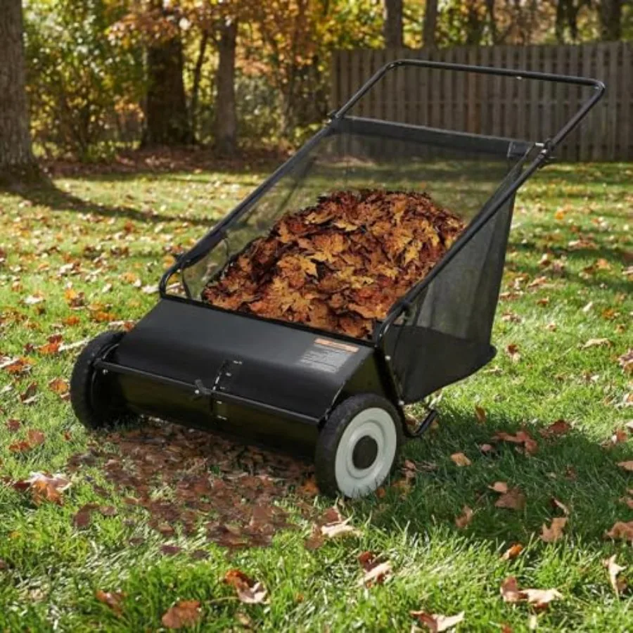 

26 Inch Heavy Duty Push Lawn Sweeper 4 Spinning Brushes Steel Frame 7 Cu. Ft. Adjustable Height Collector for Grass Leaves Yard