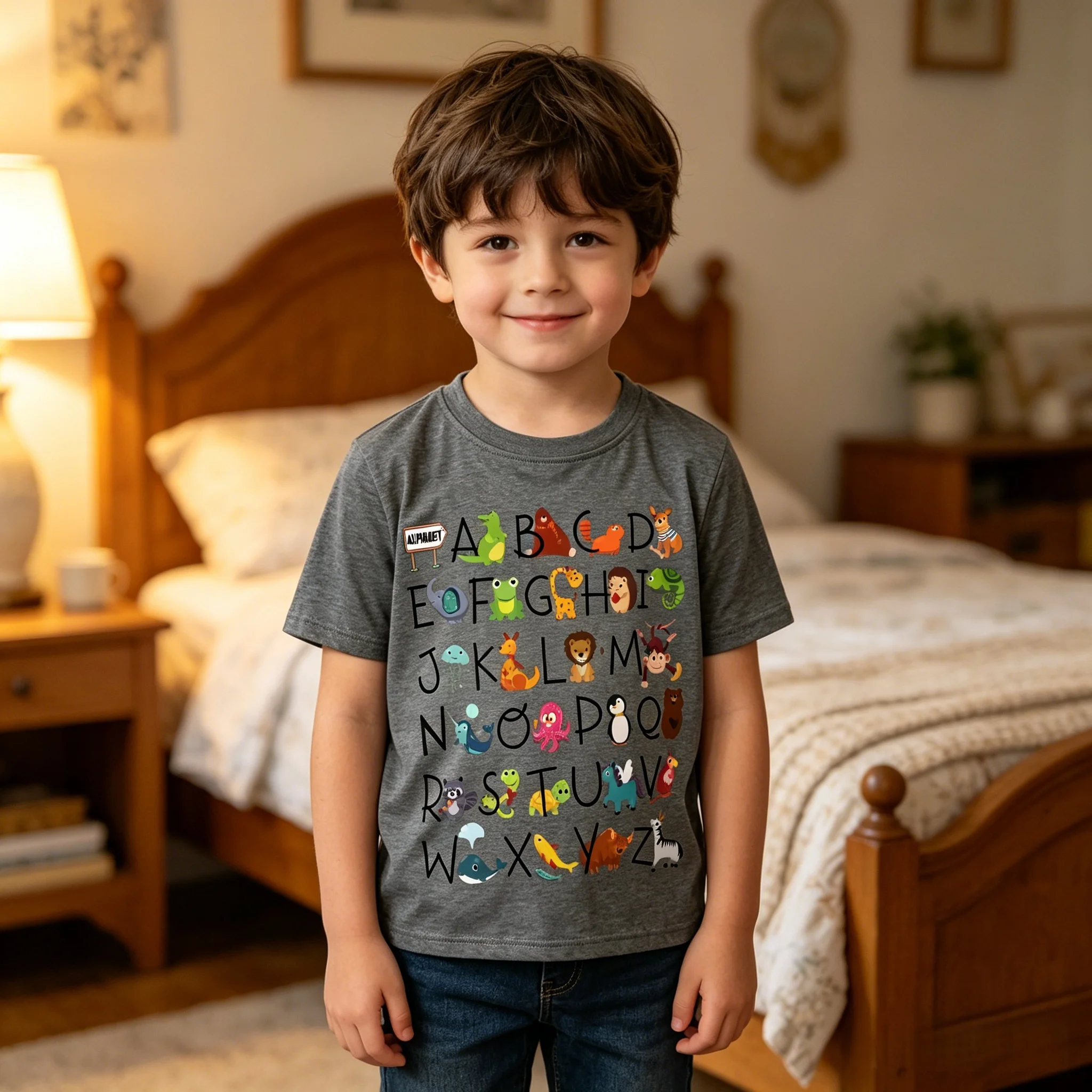 ABC Animal Graphic Tee for Kids Preschool Funny Print Casual Daily Wear Beach Vacation Party Outfit Soft Cotton