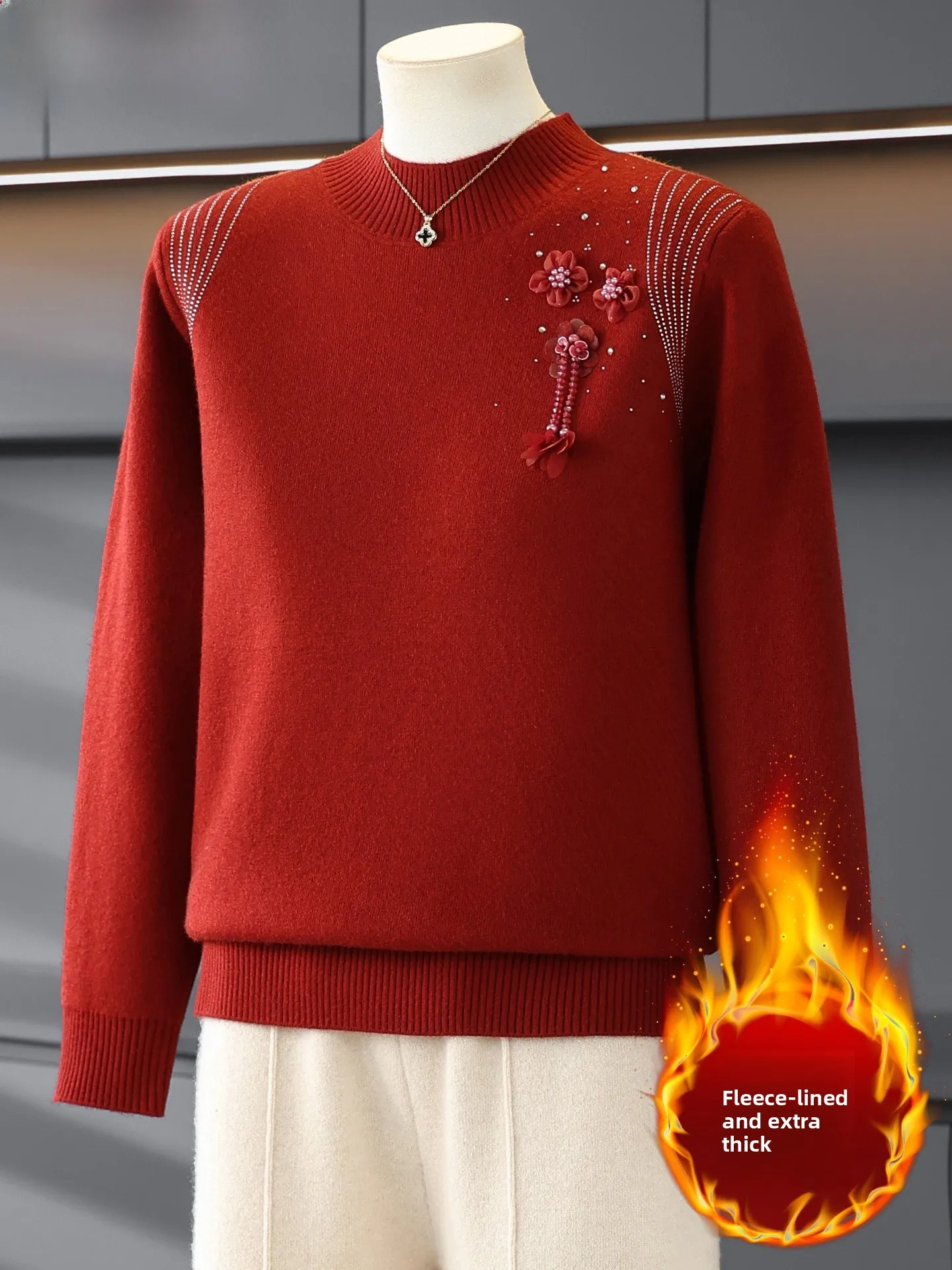 

Thiened Fce Knitted Sweater for Middle-Aged And ly Women Red Base irt Warm Faionable Winter Faion Women's Clo...