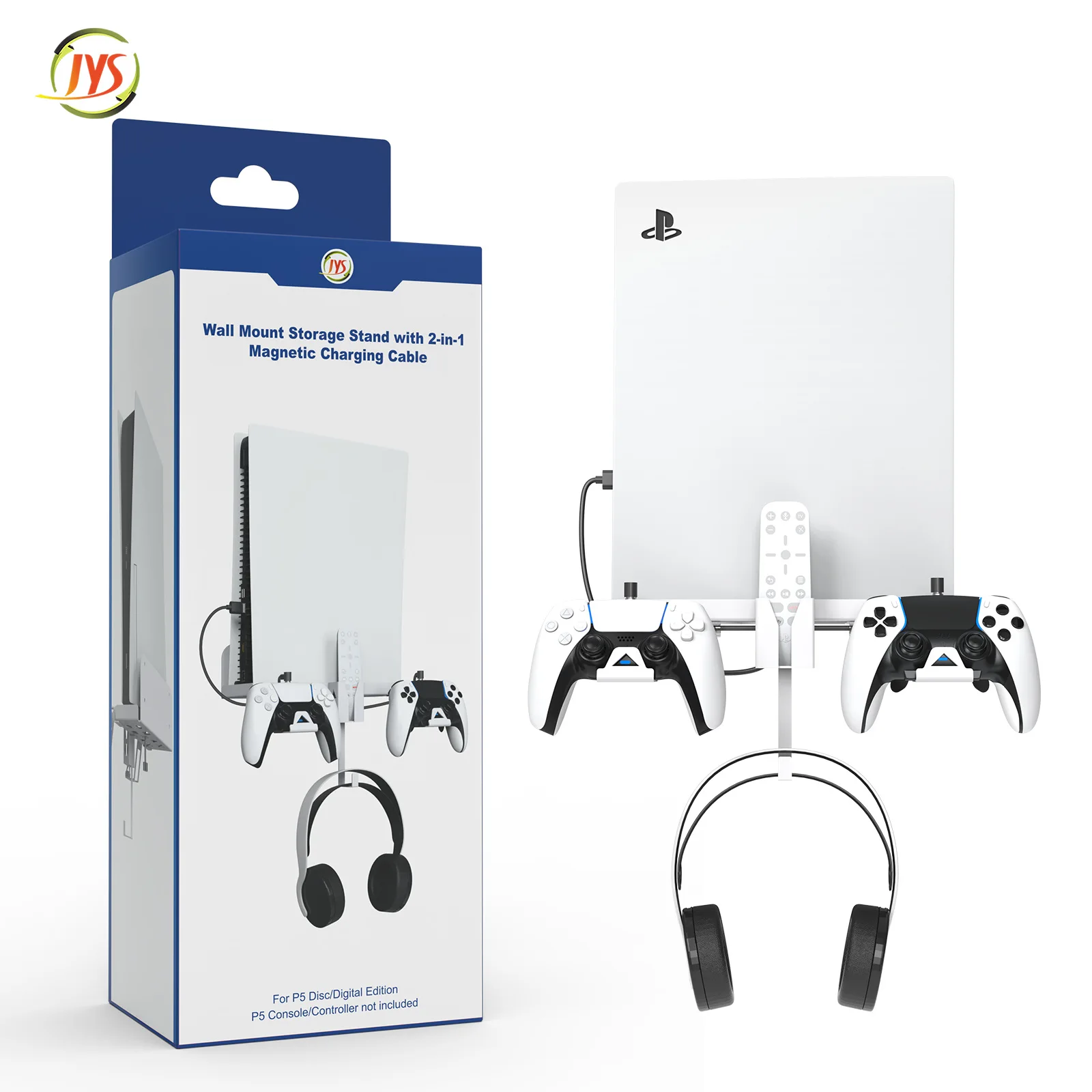 JYS-P5173 Wall Mount Storage Stand With 2 In 1 Magnetic Charging Cable  For PS5 Console Headset Controller Holder