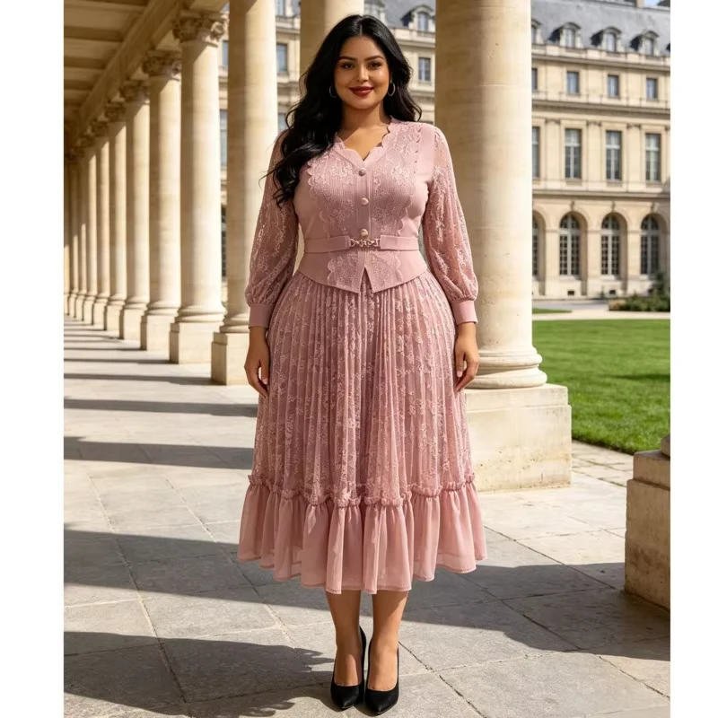 ANLAN Women Purple Lace Faux Two Piece Midi Dress Scalloped V Neck Long Sleeve Waist Belt Ruffle Hem Elegant Party Gown 3AN0619