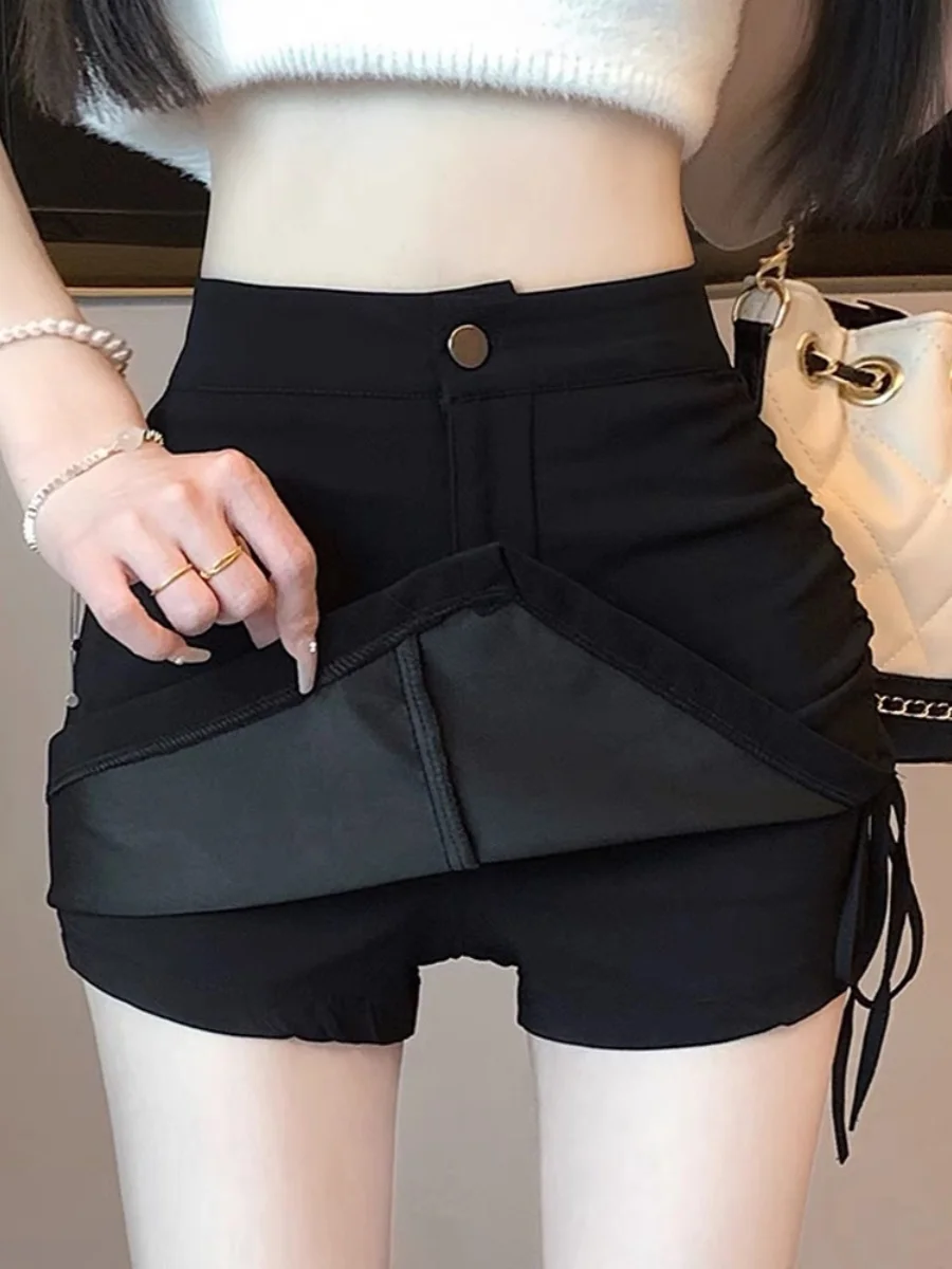 플러스 사이즈 여성 캐주얼 팬츠 사이드 스트링 플리츠 마이크로 플러스 사이즈 언니 비대칭 디자인 하이웨이스트 바지