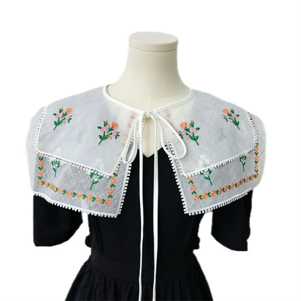 Cape Embroidered Floral Fake Collar Countryside Style Double-layer Lace Blouse False Collars Embroidery Wraps Flower Scarves