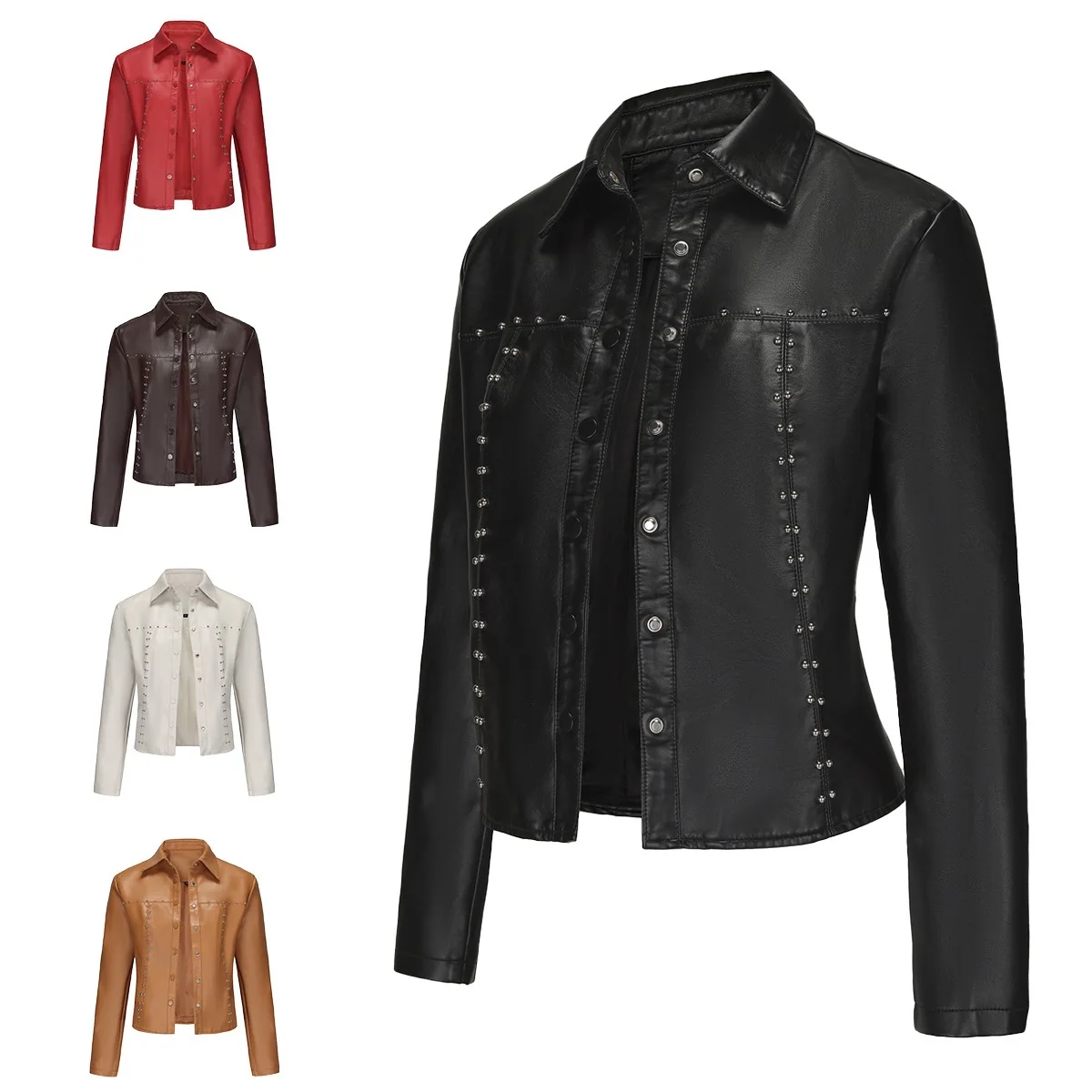 

Spring And Autumn New Rivet Leather Jacket Cardigan Button Leather Jacket Fashion Fashion Thin Jacket Women's Clothing