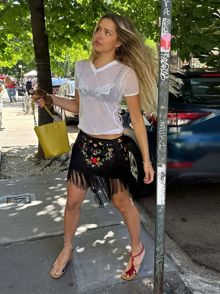 Asymmetrischer Kurzrock mit Stickerei und Quasten für Damen, Sexy Midi-Taille, Unregelmäßiger Saum, Paneel-Design, Schlanke Mini-Röcke, Charmante Partykleidung für Damen – Detail 16
