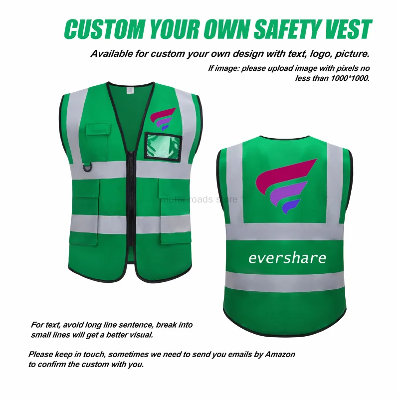 Custom Reflective Vest Green Safety Workwear Custom Logo Construction Vest High Visibility Signal Vest With Zipper And Pockets