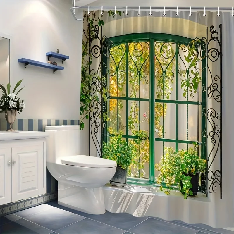 1pc European Country-Style Shower Curtain, Vintage Green Iron Window Frame Design with Lush Greenery Wrap-Around Plants for a Na