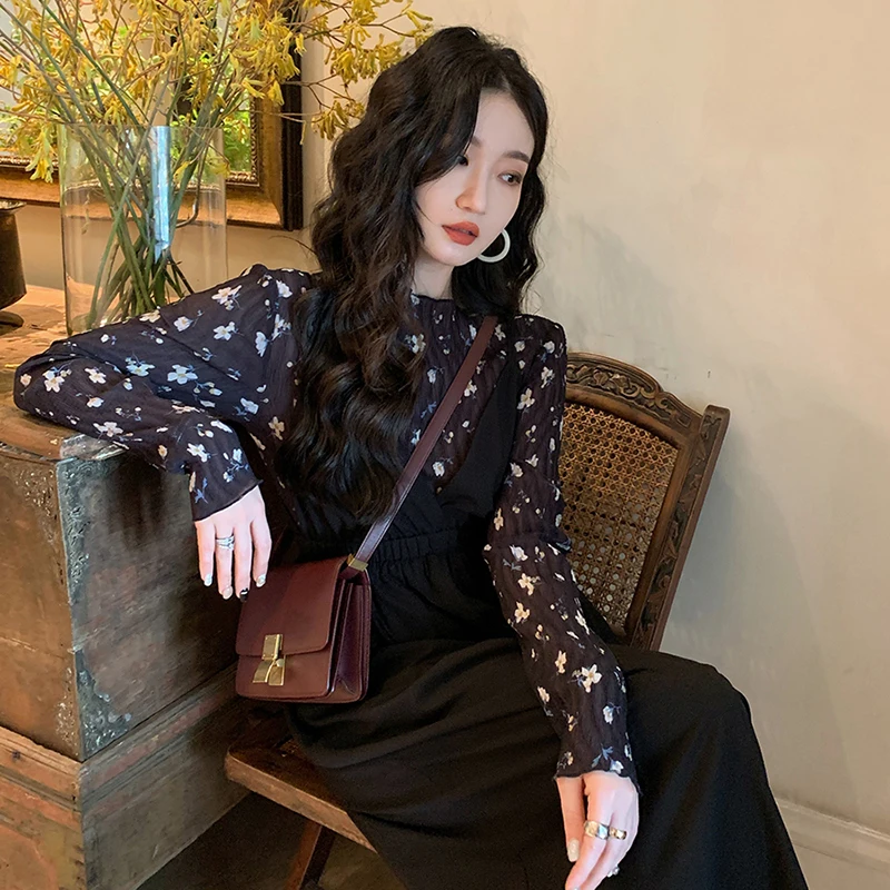 

Retro Floral Print round Neck Short Sleeve Women's Shirt Long Sleeve Base Layer Top Korean Style Commute Fashion Straight Cut