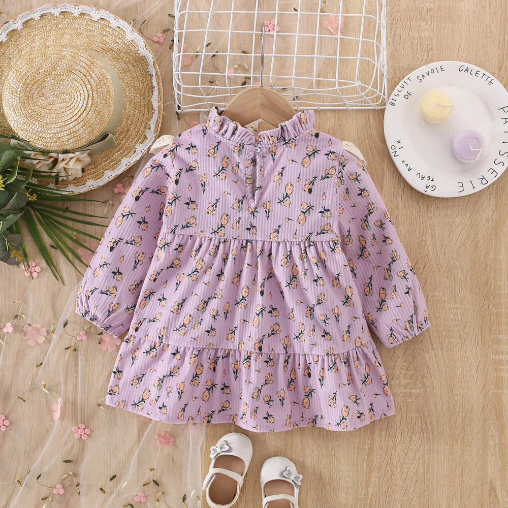 Spring and Autumn Girls\' Dress Baby Girl Full of Floral Vest Bow Decoration Long Sleeve Dress Fake Two Pieces