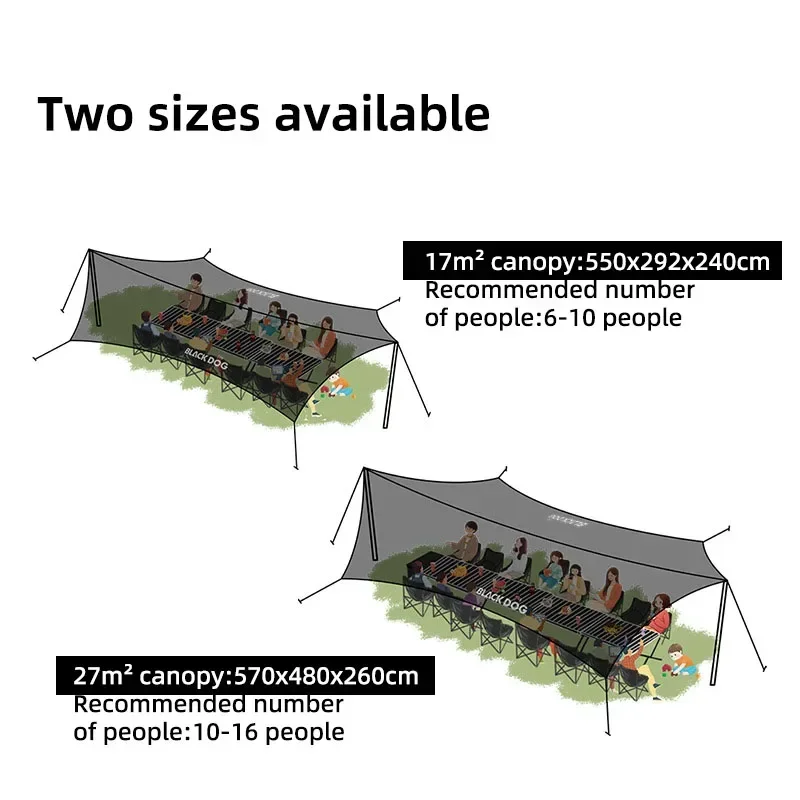 BLACKDOG 10-16 Waterproof Camping Person 27m' Sunshade Tarp Sun ShelterBlack Coating Awning Outdoor Beach Canopy