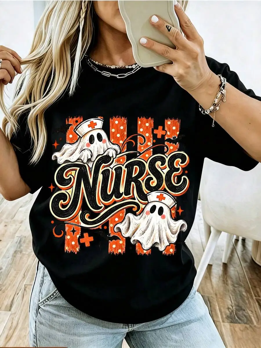 2026 New Fashion Women Crew Neck Printed T-Shirt Retro Halloween Ghost Nurse Theme Print Soft Breathable Comfort Vintage Autumn Casual Stylish Tops Basic Top T-Shirt