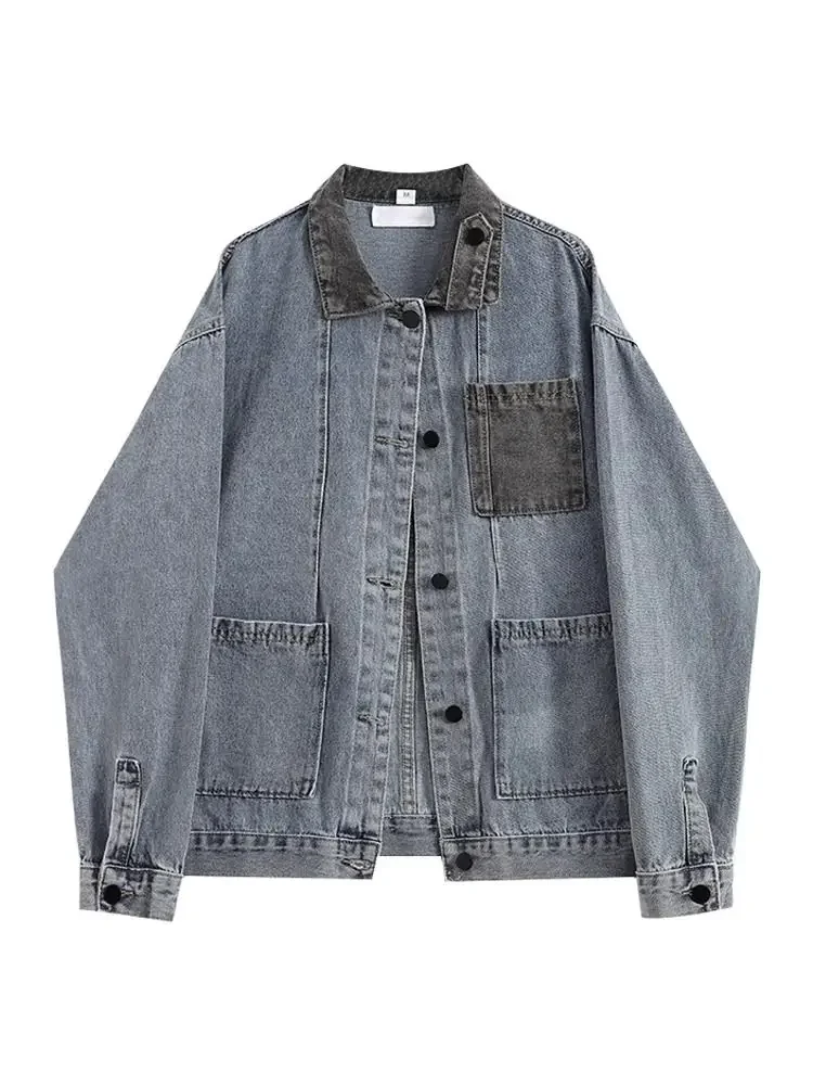 American Retro Color Blocked Denim Jacket Collar Mens Patchwork Trend Lapel Couple Coats 2024 Cowboy Cardigan Work Jacket