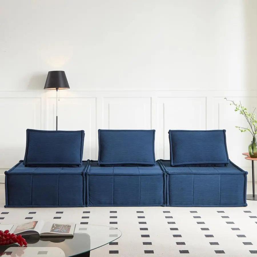 Modular Sectional Sofa Sleeper, Adjustable Backrest, Corduroy Fabric, No Assembly, Blue for Small Spaces