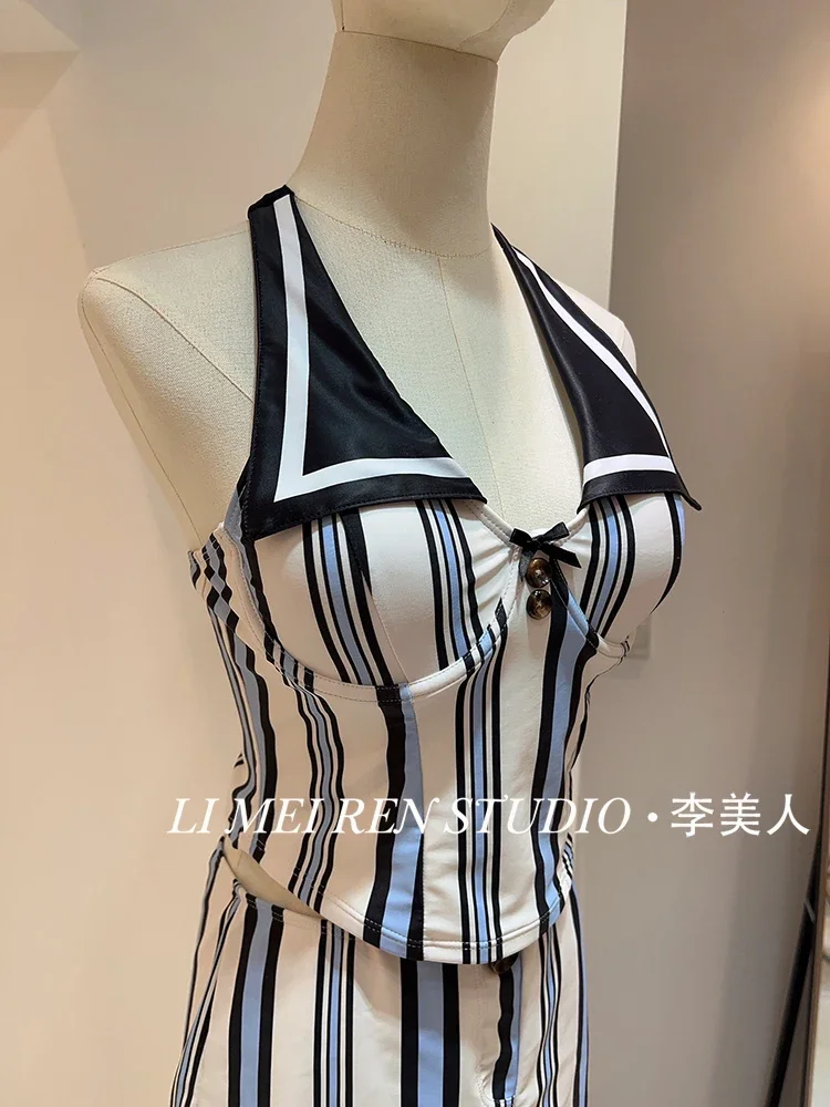 New spicy girl sexy navy striped vest skirt style split swimsuit