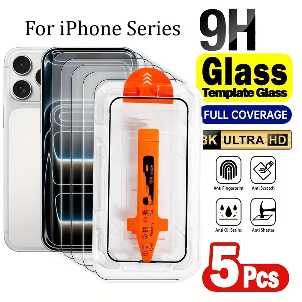 

5Pcs HD Dust free Install Tempered Glass For iPhone 17 Pro Max 17 16 Plus 15 14 13 12 11 X XR XS SE 6 7 8 Plus Screen Protector