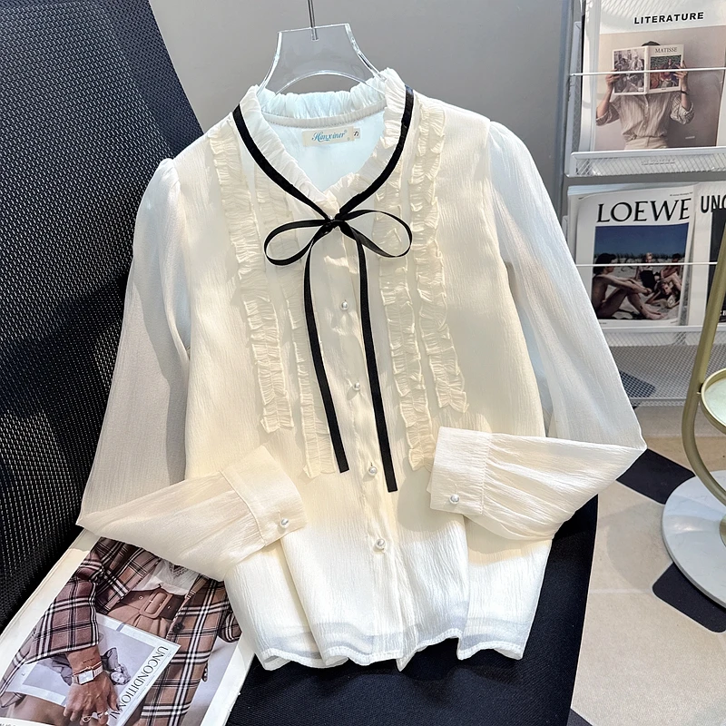 بلوزة قميص نسائية جديدة بأكمام طويلة وياقة مكشكشة وأربطة قميص شيفون بلوزة نسائية بلوزات قمصان Blusas Para Mujer Q559