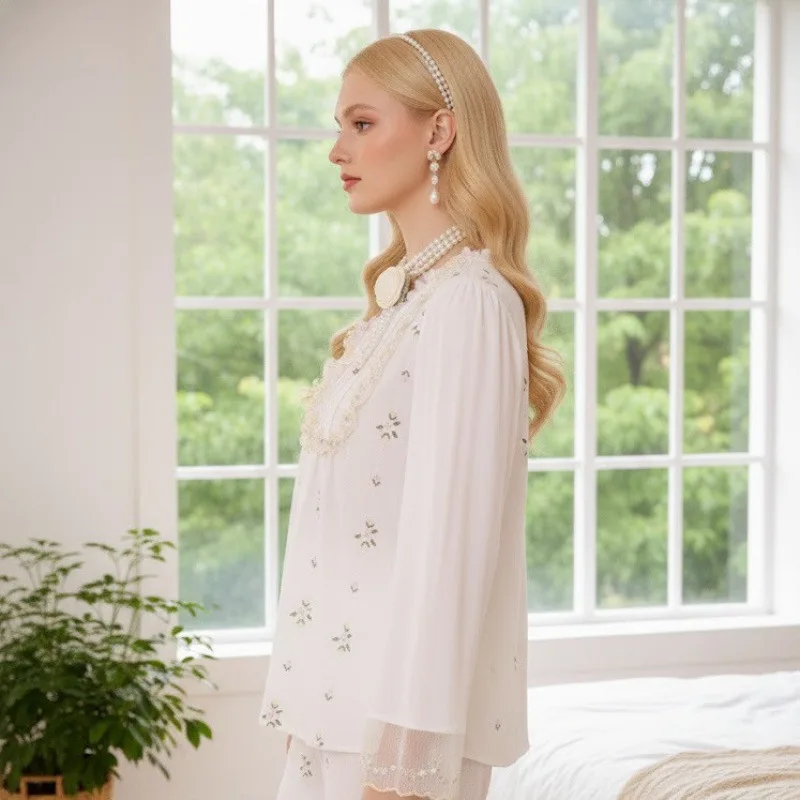 2026 New Women Sleepwear Long Sleeve Oversize Sweet Princess Palace Lace Home Clothes Floral Print Loungewear Pajamas Set