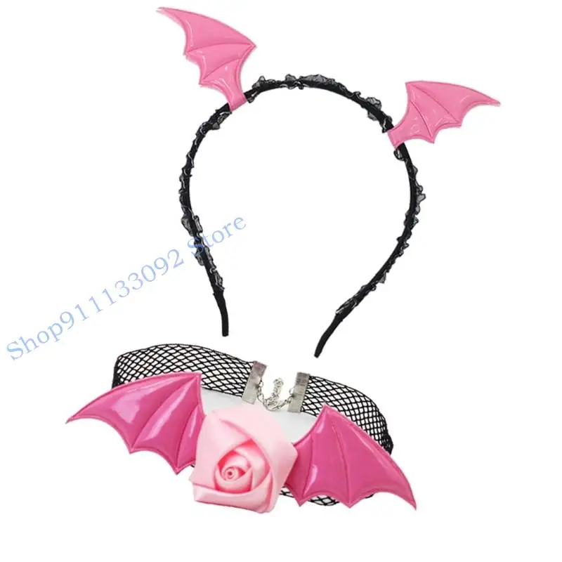 H9ed adultos trajes do diabo conjunto acessórios diabo morcego bandana flor renda gargantilha para role play halloween cosplay